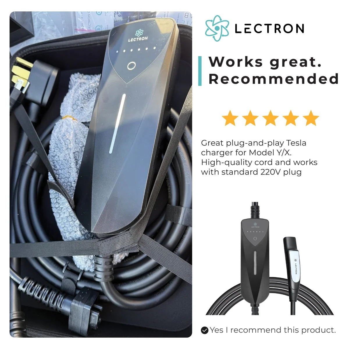 Lectron Portable Level 1 & 2 Tesla NACS EV Charger | 120V & 240V | Adjustable Current 8-40A | NEMA 5-15 & 14-50 - Image 8