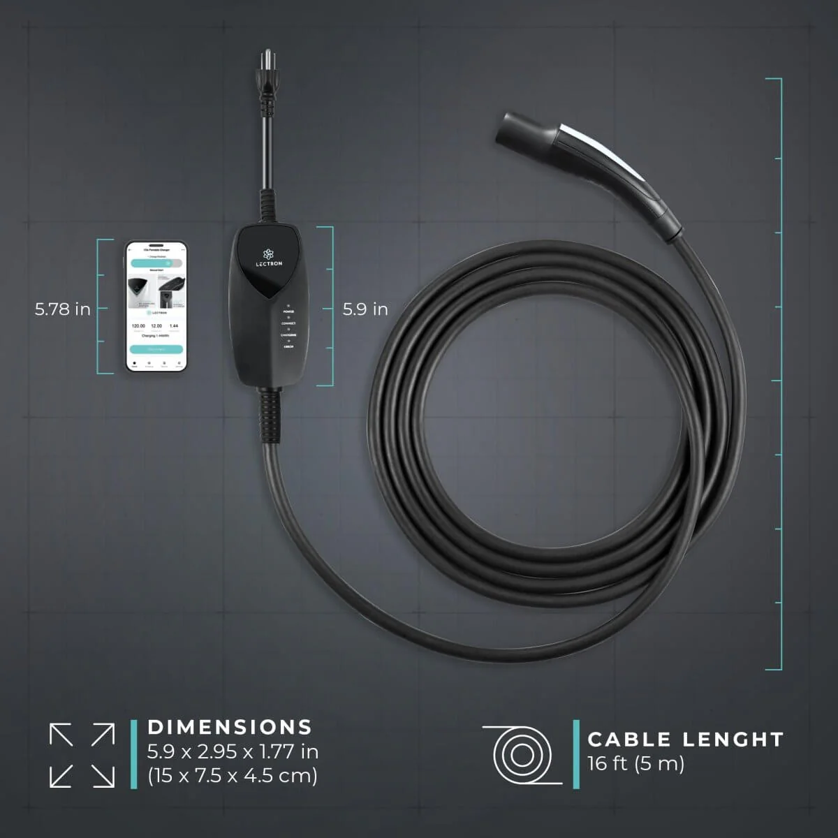 Lectron Portable Level 1 Tesla EV Charger (WiFi) with App Control | 120V | 12 Amp | NEMA 5-15 | 16 ft Cord - Image 9